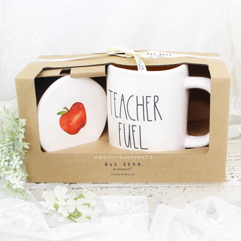 Rae Dunn "Teacher Fuel" Ceramic Mug & Apple Coaster Set